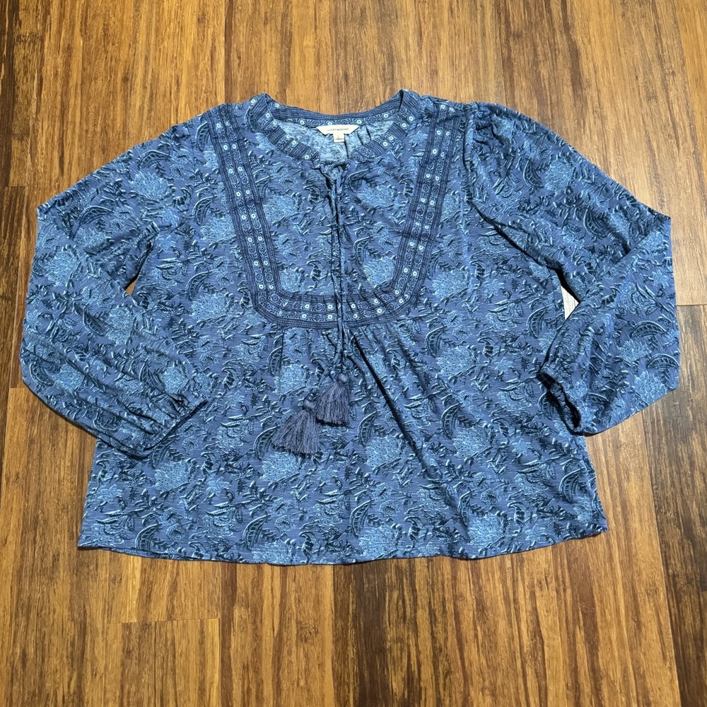 Lucky Brand Women's Size L Navy Gray Boho Blouse Long Sleeve Cotton